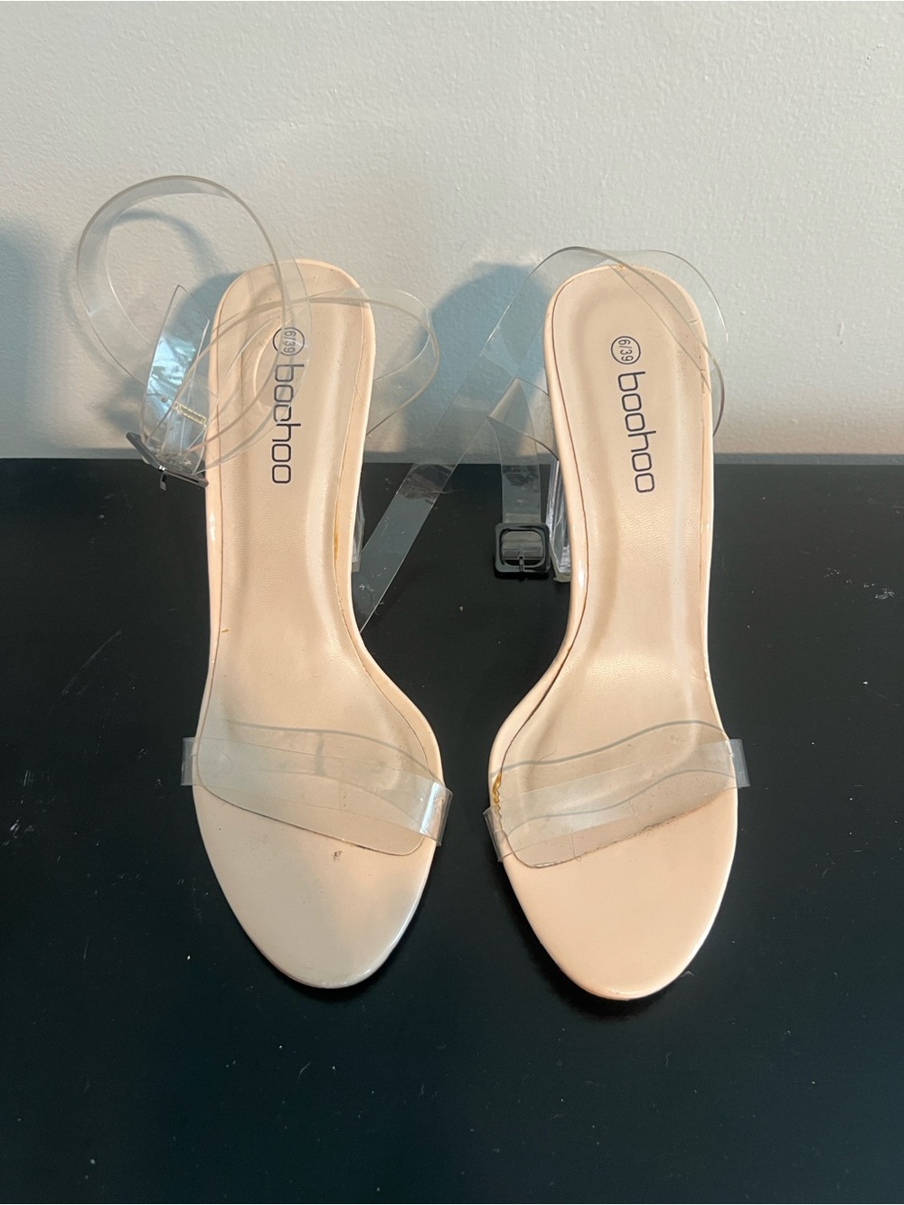 Clear Strap Nude Block Heel Sandals